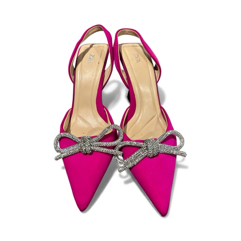 SOLD-Elegant ZARA Pink Slingback Heels with Silver Bow, Size 39(8.5) - Picture 6 of 10